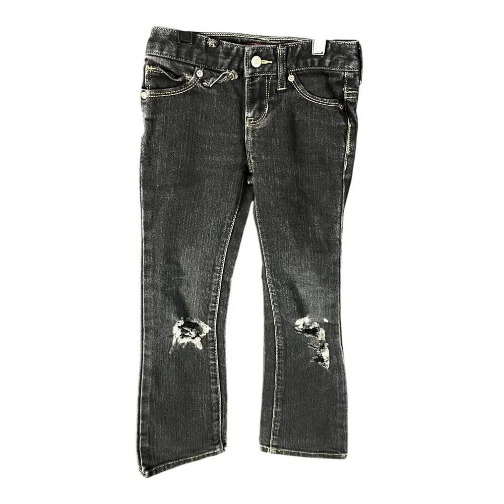 Old Navy Girls Black Boot Cut Denim Jeans Size 6 Adjustable‎ Waist Distressed